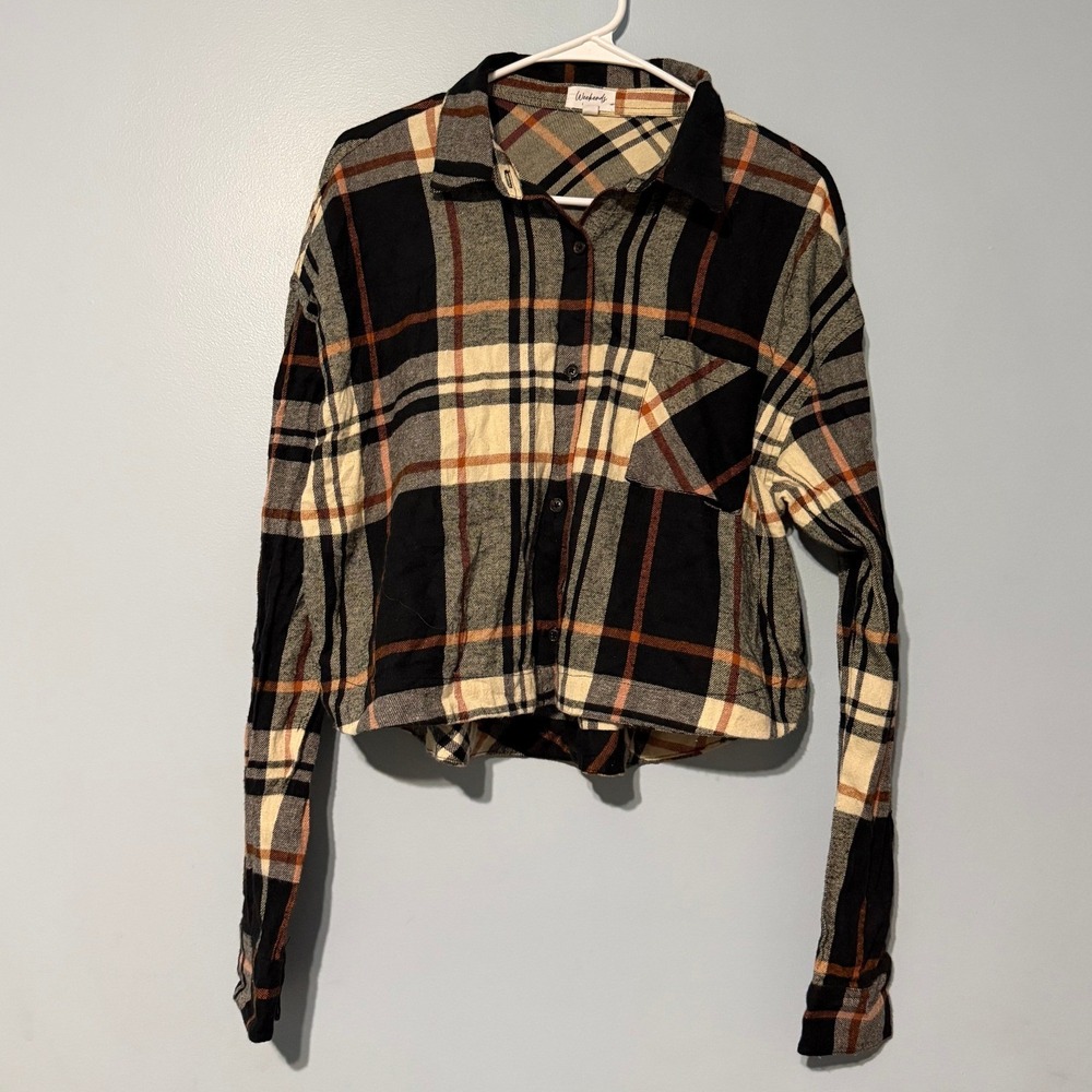 Weekends Everyday Women's L Black Copper Plaid Cropped‎ Flannel Shirt